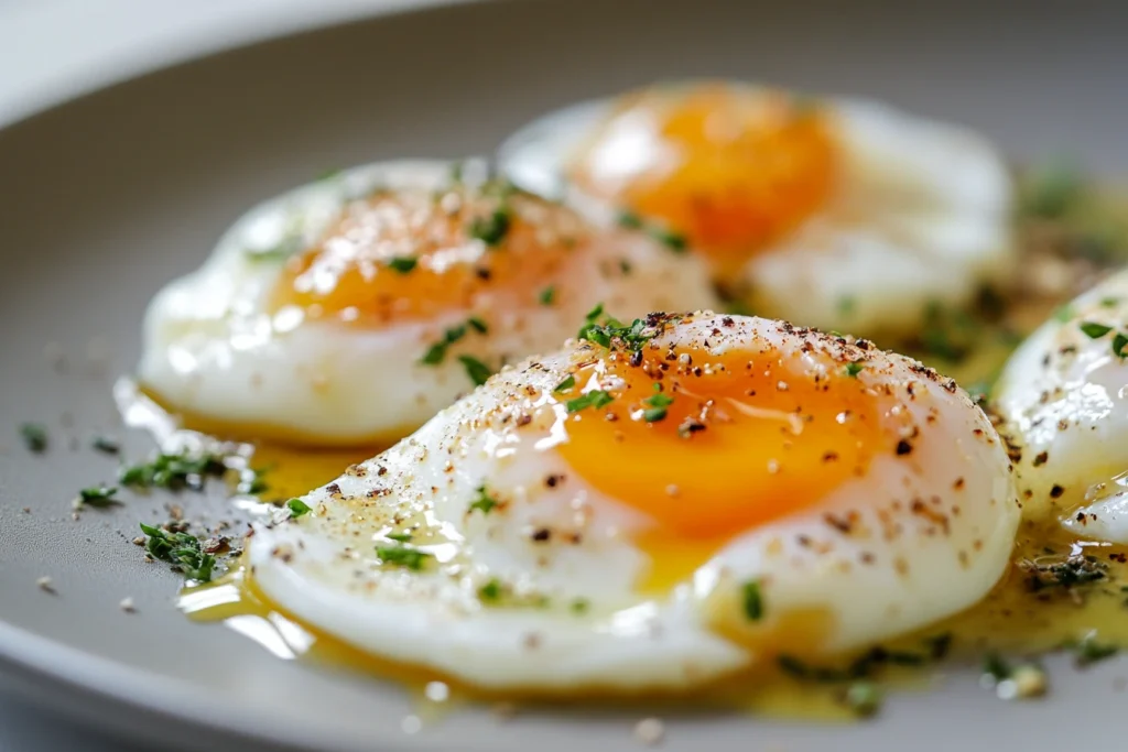 Sous vide poached eggs with a golden yolk and herbs.