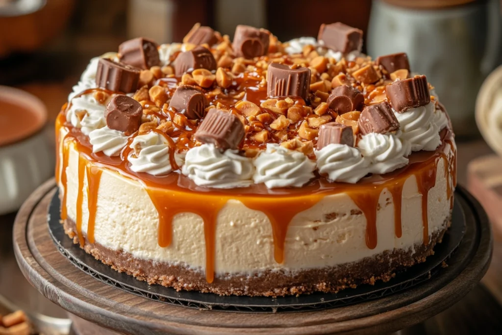 A slice of Reese's Caramel Cheesecake with toppings and caramel drizzle.