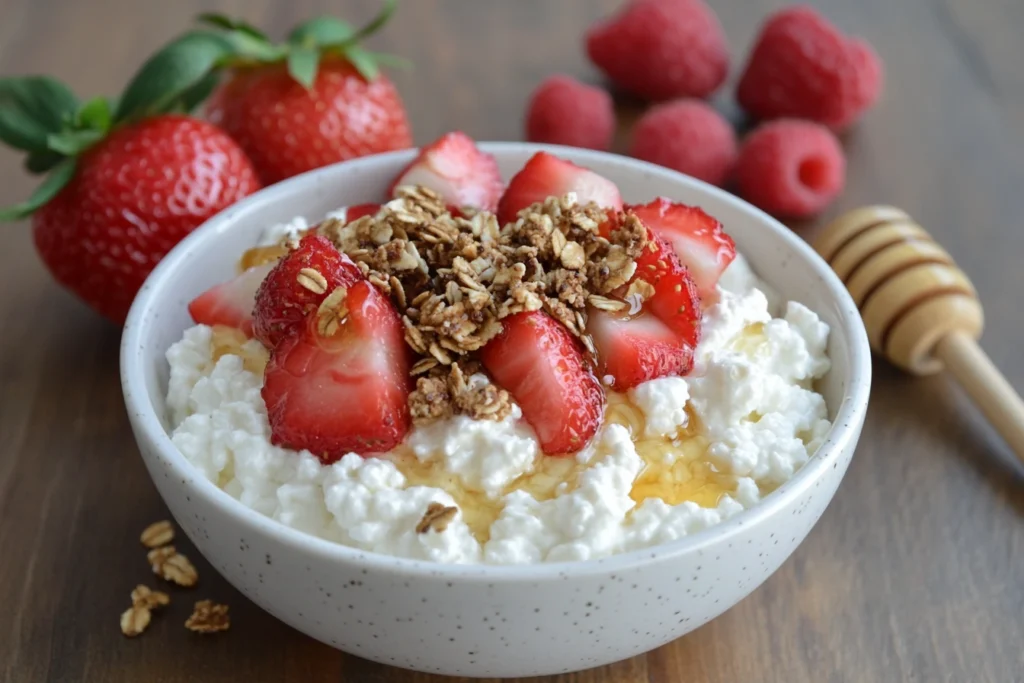 A delicious and healthy bowl of cottage cheese with fresh fruits, honey, and granola, showcasing a popular way to enjoy it.