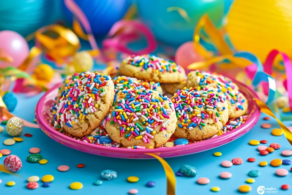 A plate of colorful carnival cookies with sprinkles and candy pieces, surrounded by festive decorations.