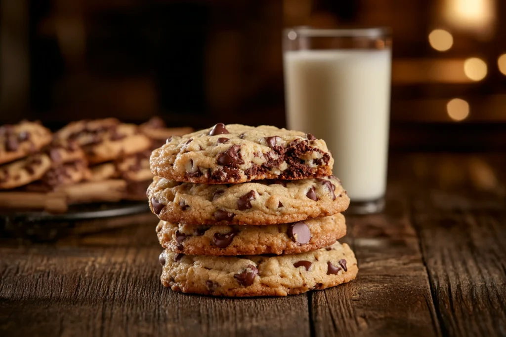 A stack of golden-brown cookies with chocolate chips and a chewy texture, accompanied by a glass of milk.