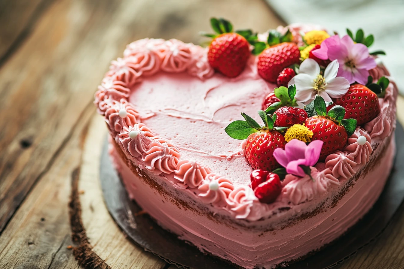 Heart-shaped cake decorated with strawberries and flowers.