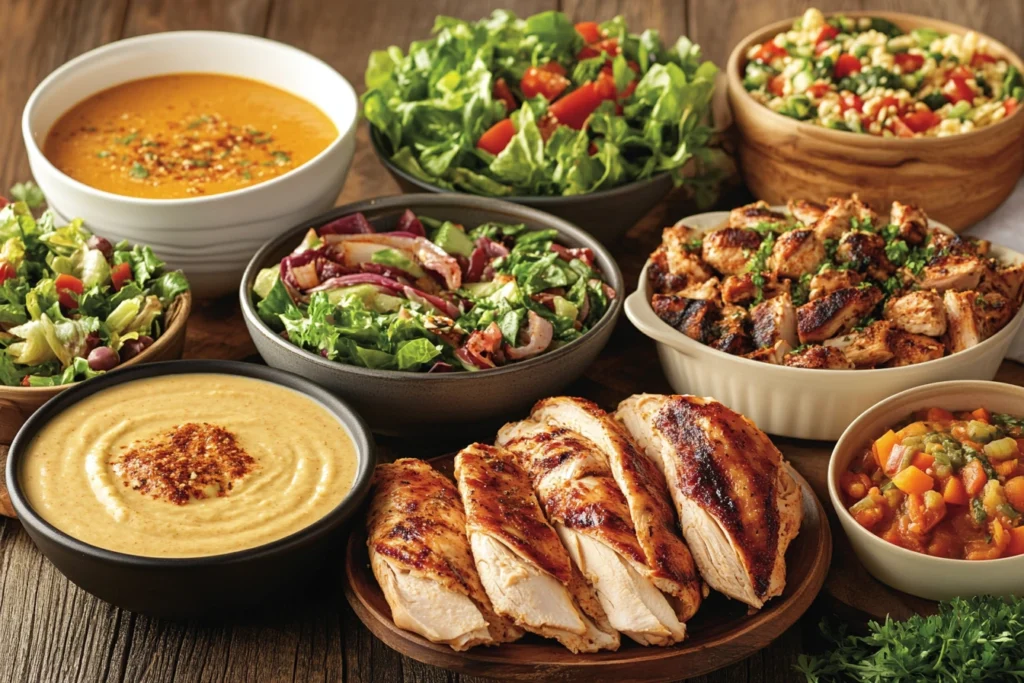 A variety of leftover rotisserie chicken dishes arranged beautifully on a table.