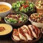 A variety of leftover rotisserie chicken dishes arranged beautifully on a table.