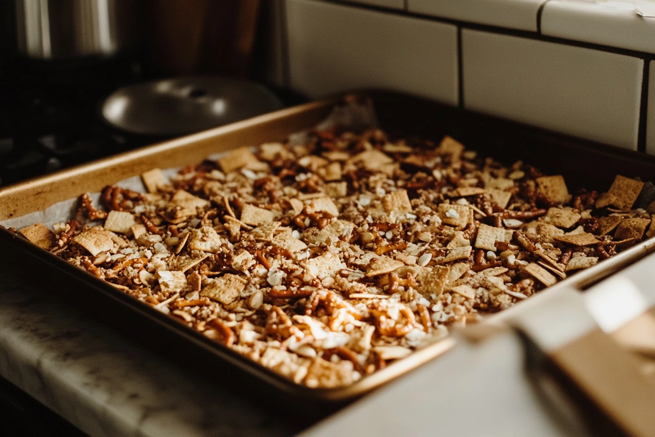 Perfectly baked crispy Chex Mix on a tray.