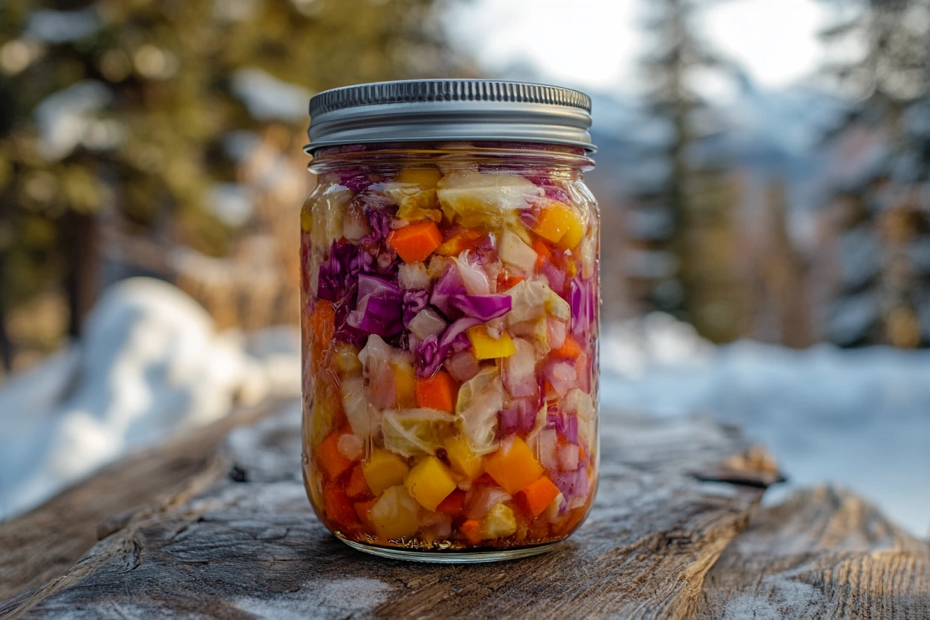 A jar of homemade chow chow relish with vegetables on a wooden table.