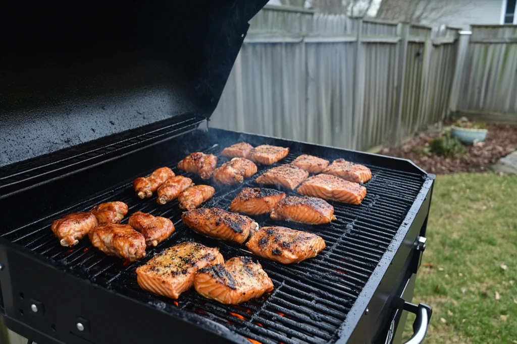 Backyard smoker cooking meats to smoke in 2 hours, featuring chicken wings, pork chops, and salmon fillets on the grates.