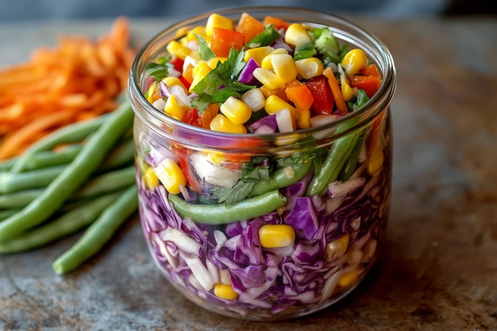 A jar of Amish chow chow relish with mixed vegetables on a rustic wooden table.