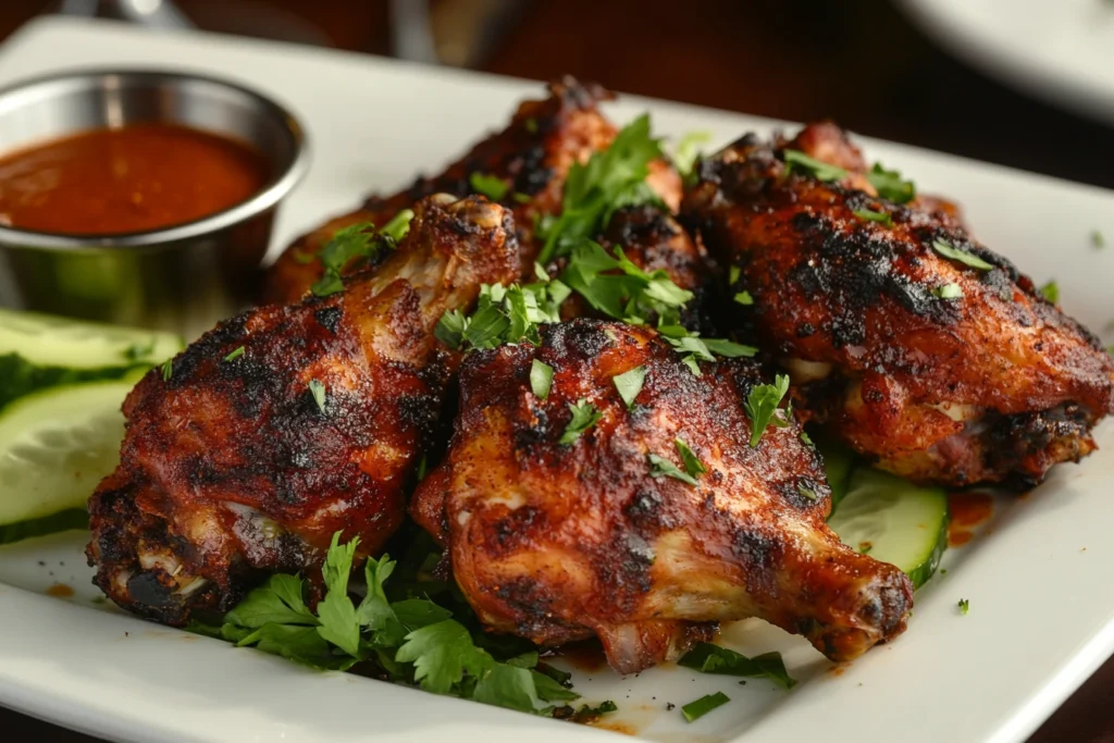 Smoked chicken wings with crispy skin, garnished with herbs and dipping sauce