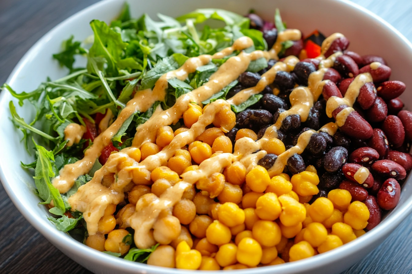 Dense bean salad with vibrant vegetables and dressing.