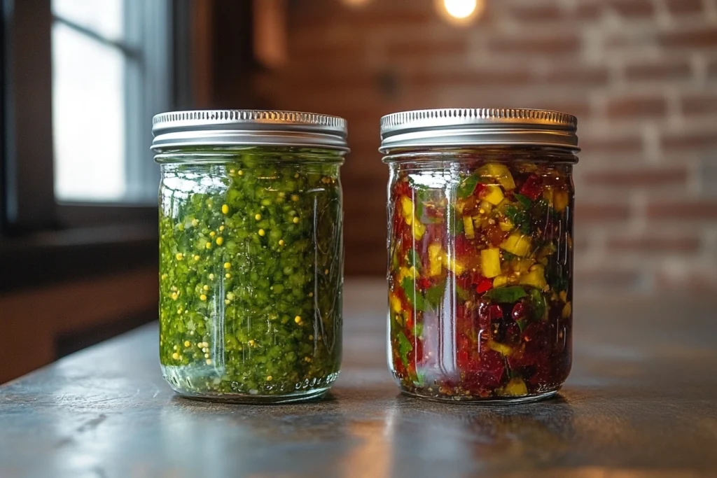 Two jars: one with pickle relish and one with chow chow relish on a rustic table.