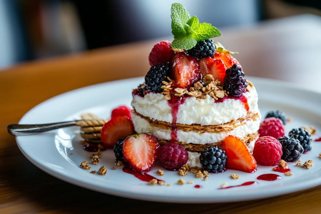 A delicious cottage cheese parfait with berries, honey, and granola, perfect for a healthy dessert.