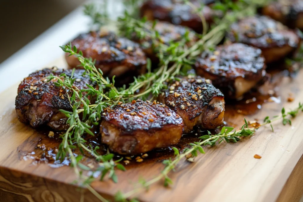 Smoked chicken thighs with crispy skin and fresh herbs