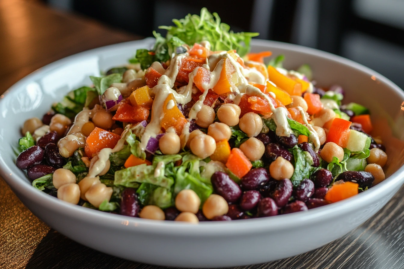 Dense bean salad in a white bowl with colorful vegetables and dressing