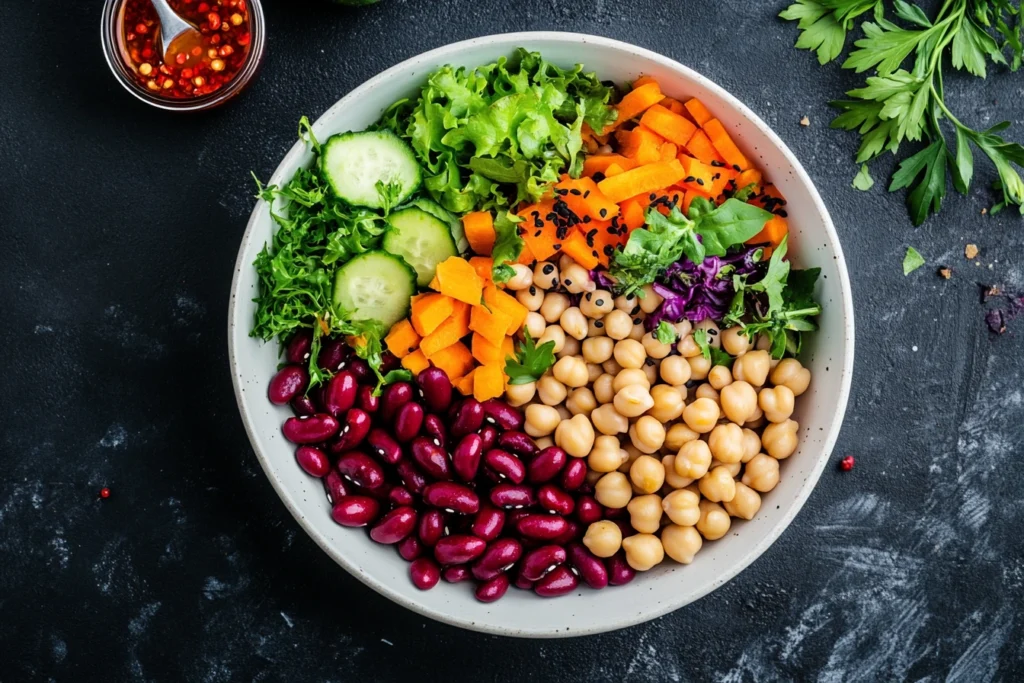 Dense bean salad with beans, fresh vegetables, and dressing in a white bowl