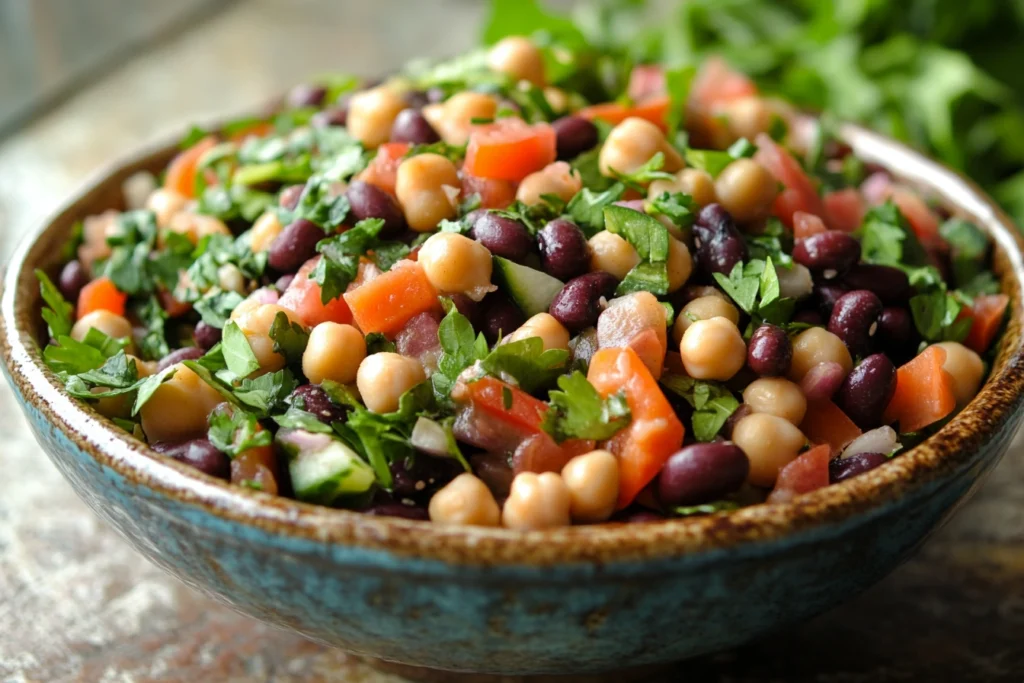 A colorful salad with black beans, chickpeas, kidney beans, lentils, and fresh vegetables.