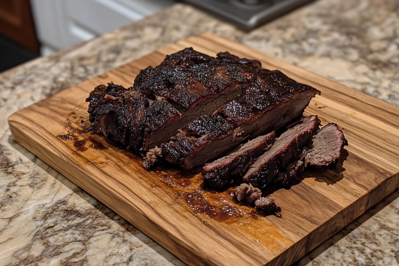 Sliced smoked brisket on a wooden board with crispy bark and juicy interior.