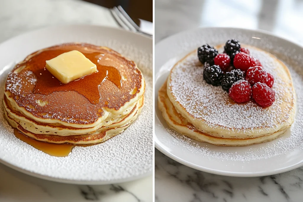 Side-by-side comparison of hotcakes and pancakes on separate plates.