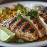 Pollo Asado served with rice, black beans, and lime wedges