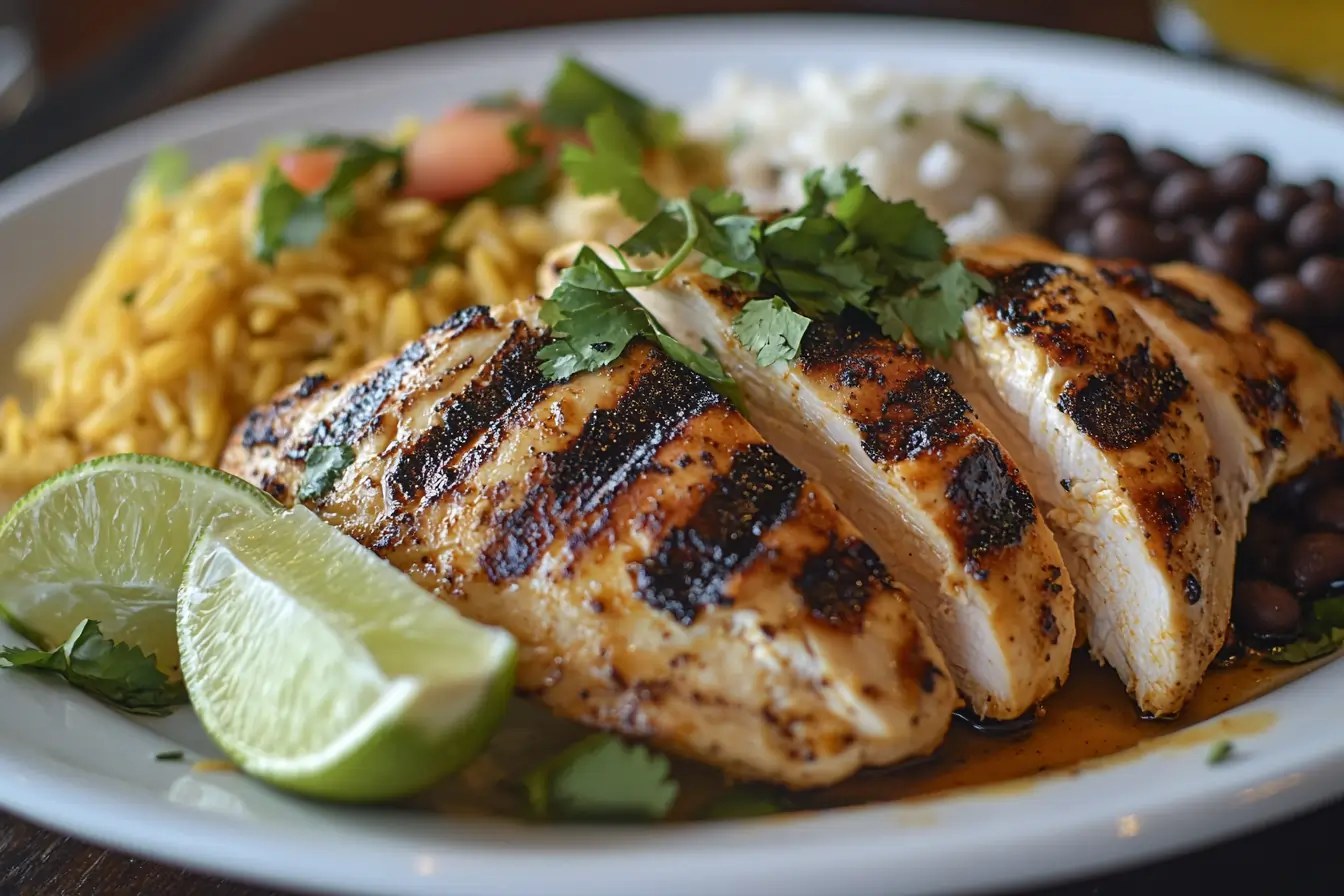 Pollo Asado served with rice, black beans, and lime wedges