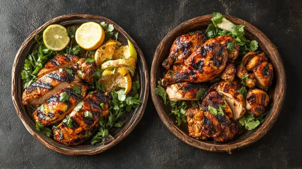 Pollo asada and pollo asado side by side on serving platters