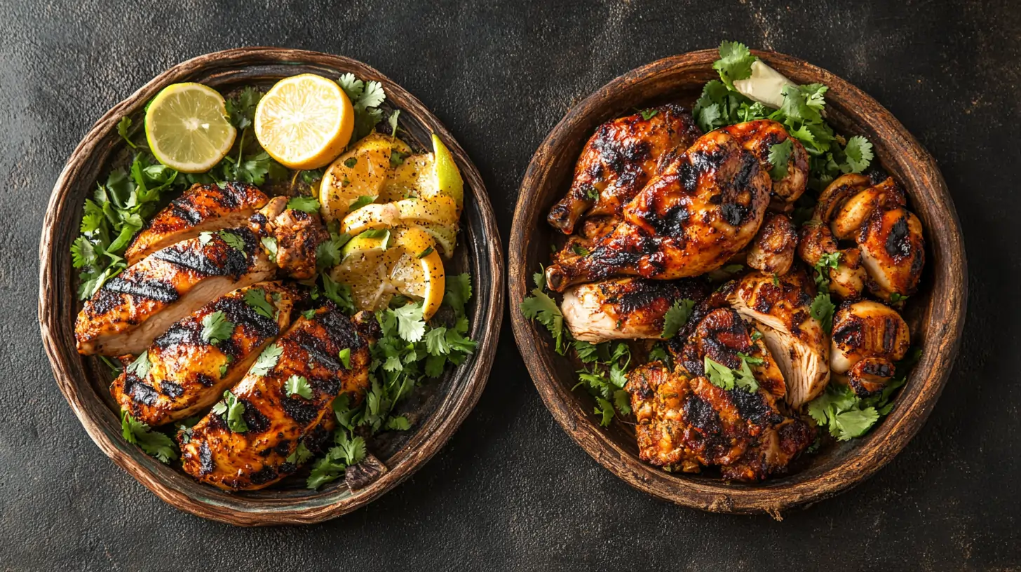 Pollo asada and pollo asado side by side on serving platters