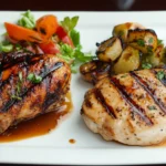 A plate showing rotisserie chicken and chicken breast with fresh vegetables.