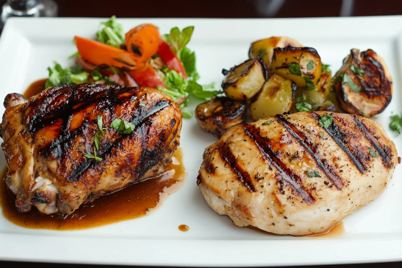 A plate showing rotisserie chicken and chicken breast with fresh vegetables.