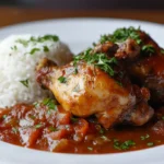 Chicken Asado served with rich tomato sauce and rice