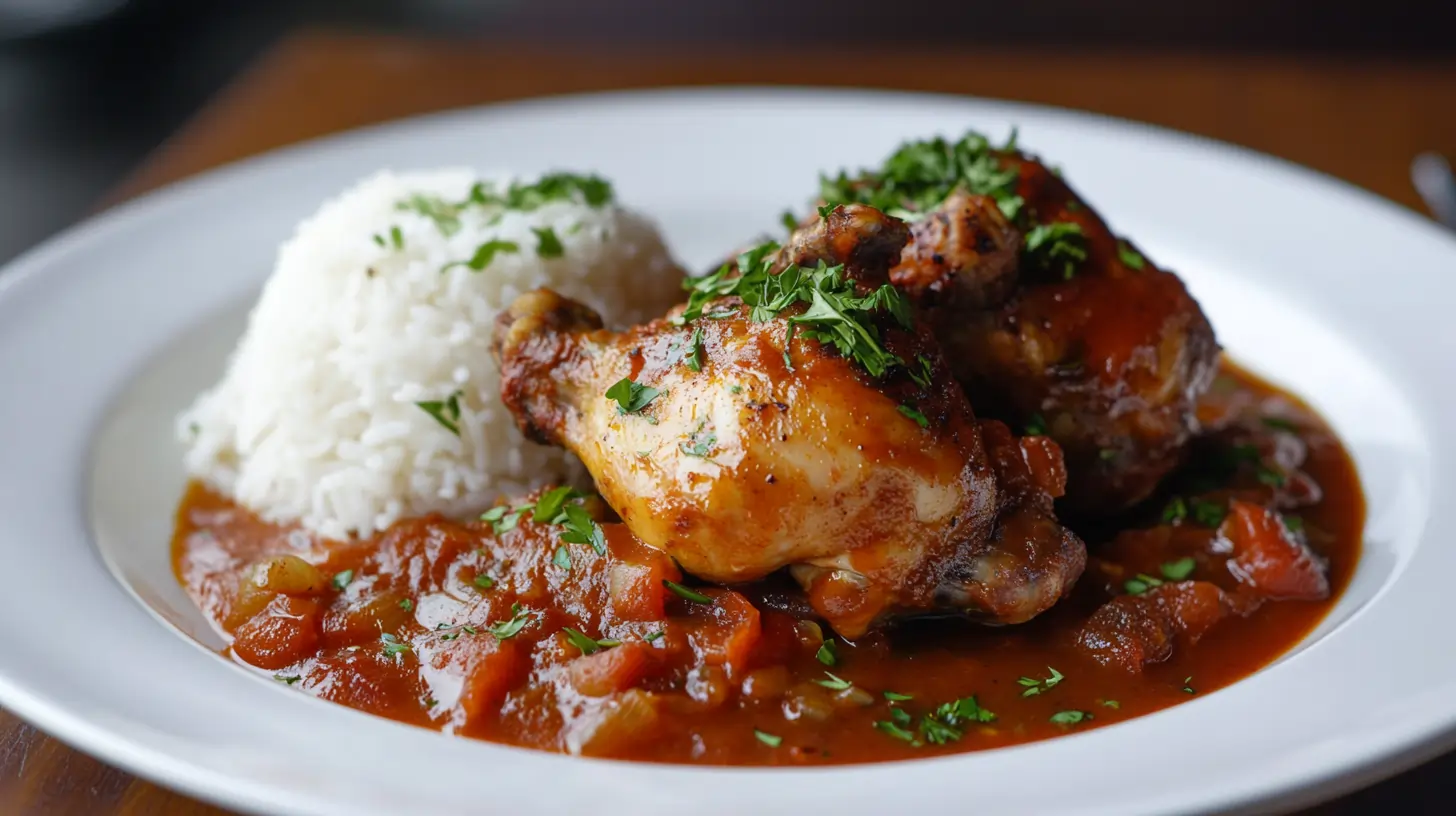 Chicken Asado served with rich tomato sauce and rice