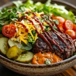 Burger bowl with fresh toppings and a drizzle of sauce.