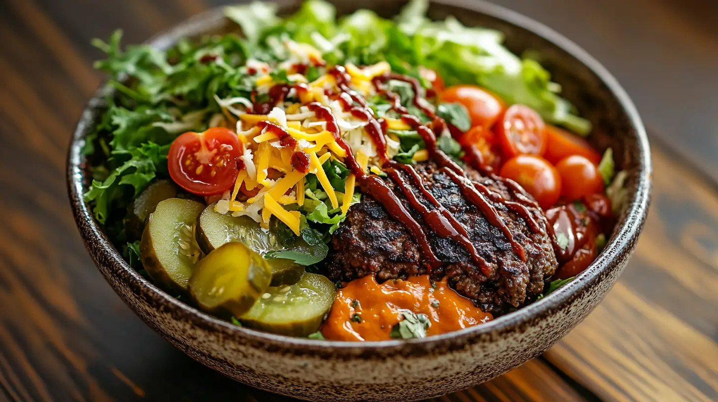 Burger bowl with fresh toppings and a drizzle of sauce.