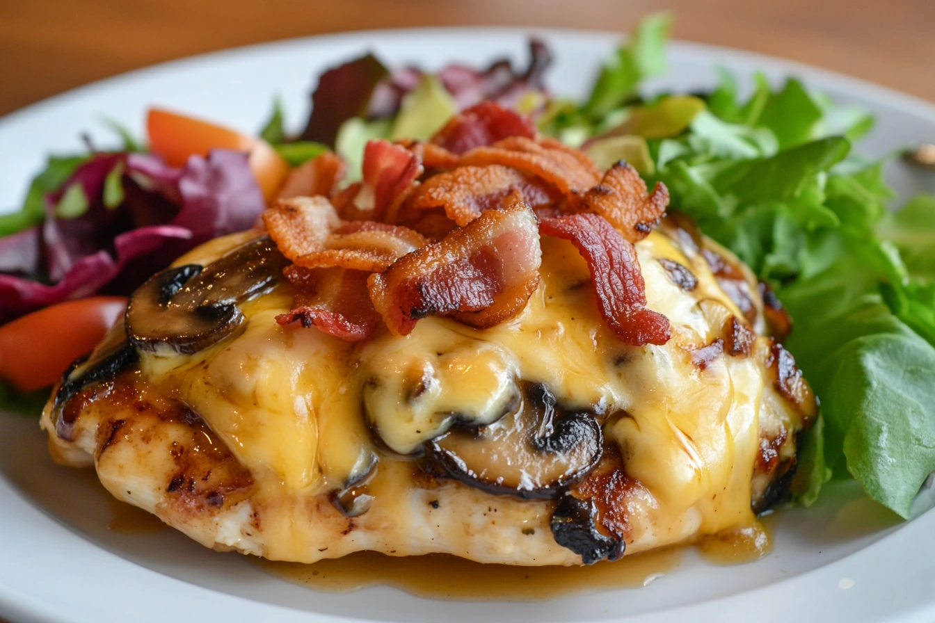 Alice Springs Chicken topped with cheese, bacon, and mushrooms