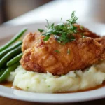 Chicken Mary served with mashed potatoes and green beans