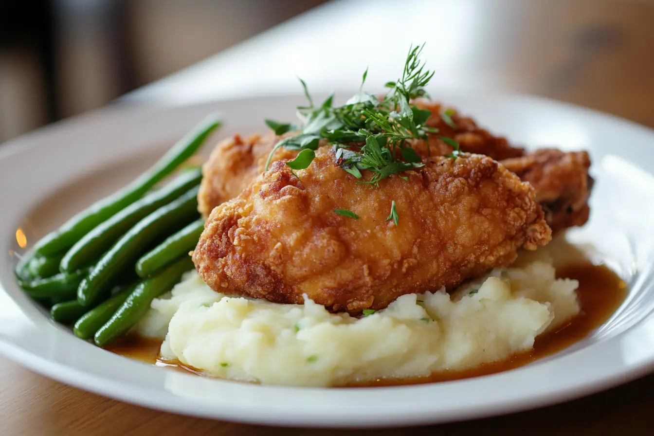 Chicken Mary served with mashed potatoes and green beans