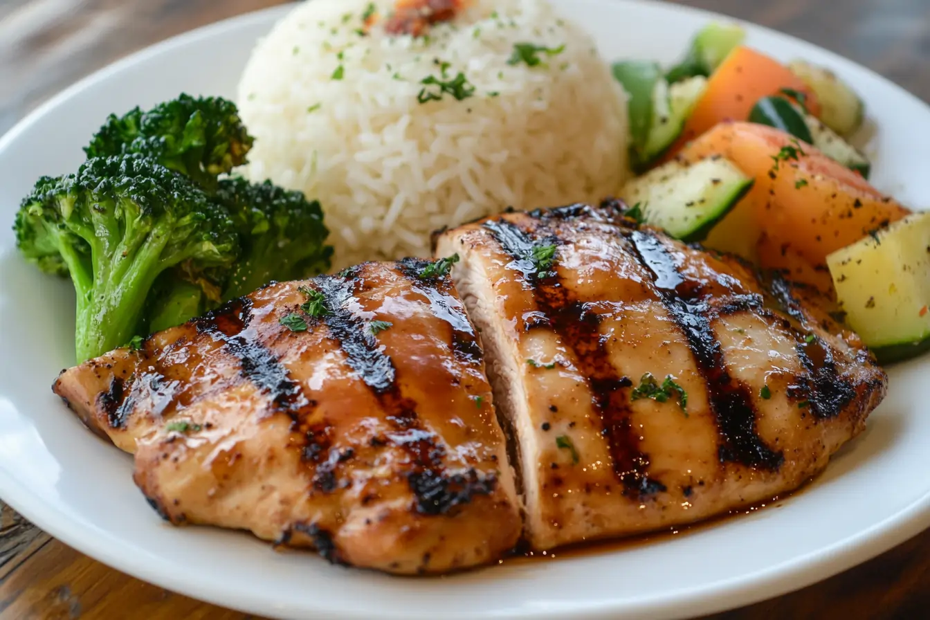 Grilled Chicken on the Barbie with barbecue sauce and sides.