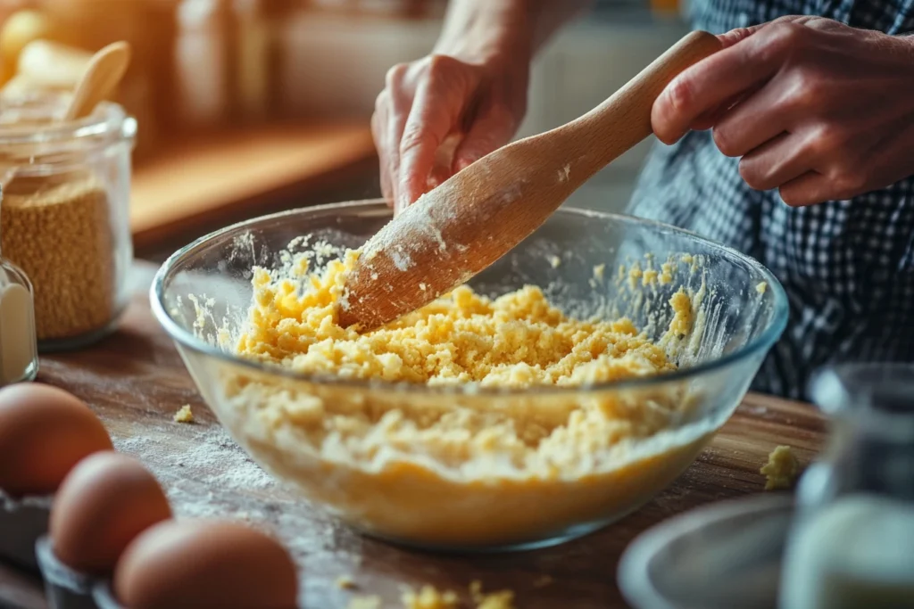 Mixing cornbread batter with ingredients visible