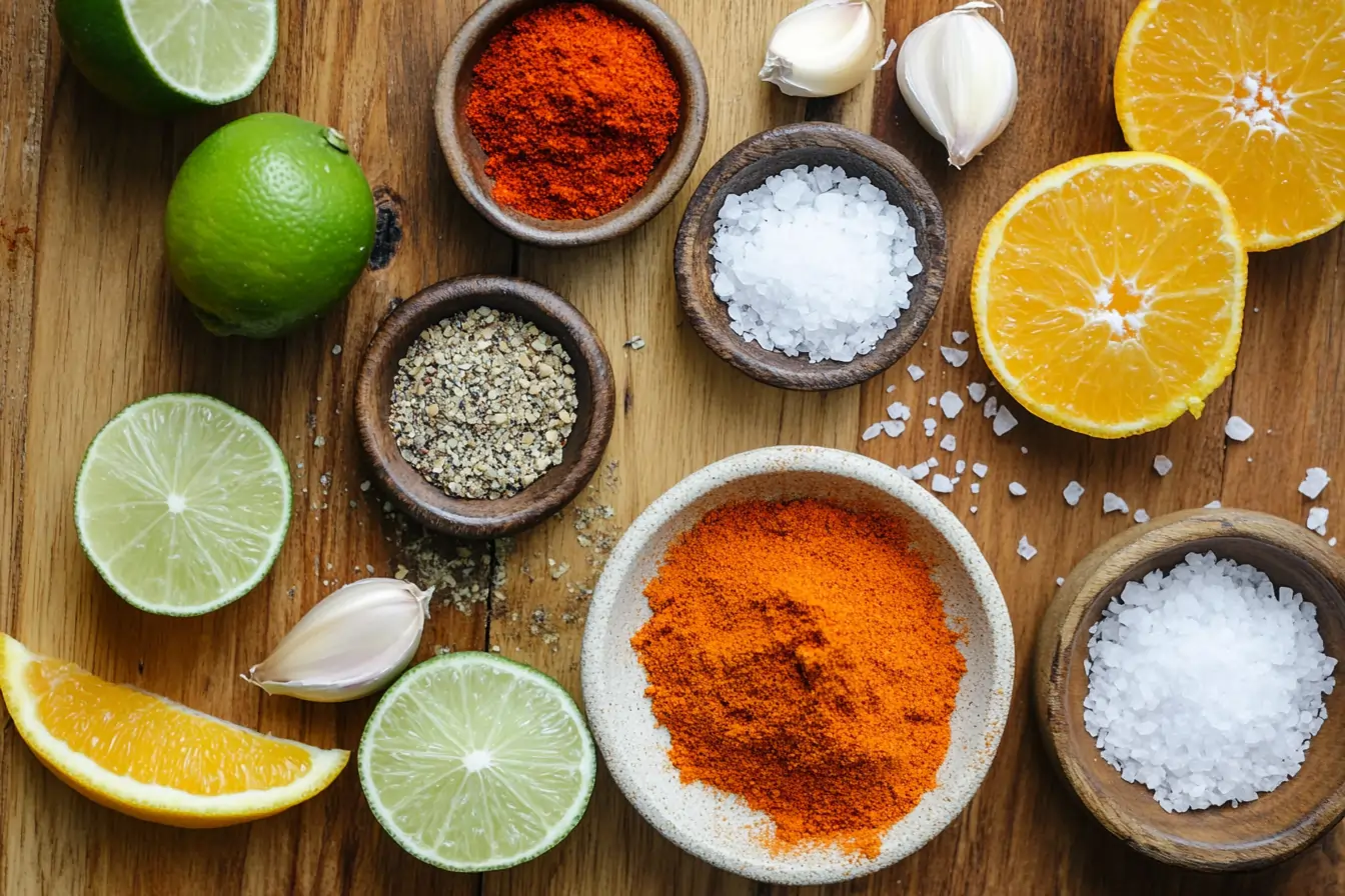 Ingredients for pollo asado seasoning displayed on a table.