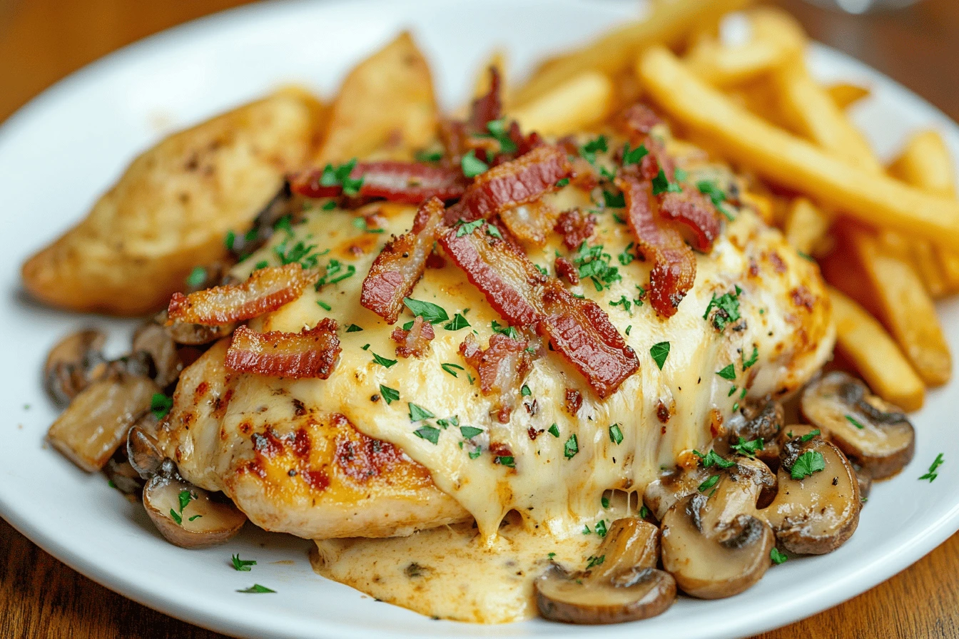 Alice Springs Chicken topped with cheese, bacon, and mushrooms