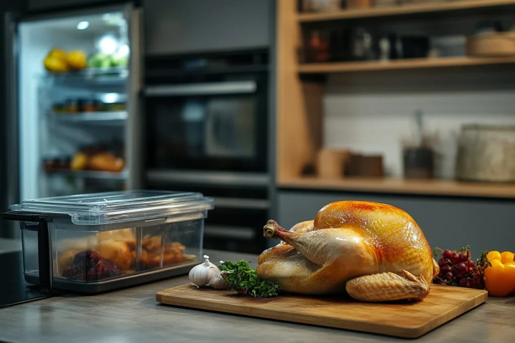 A whole rotisserie chicken with storage containers ready for refrigeration.