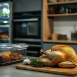 A whole rotisserie chicken with storage containers ready for refrigeration.