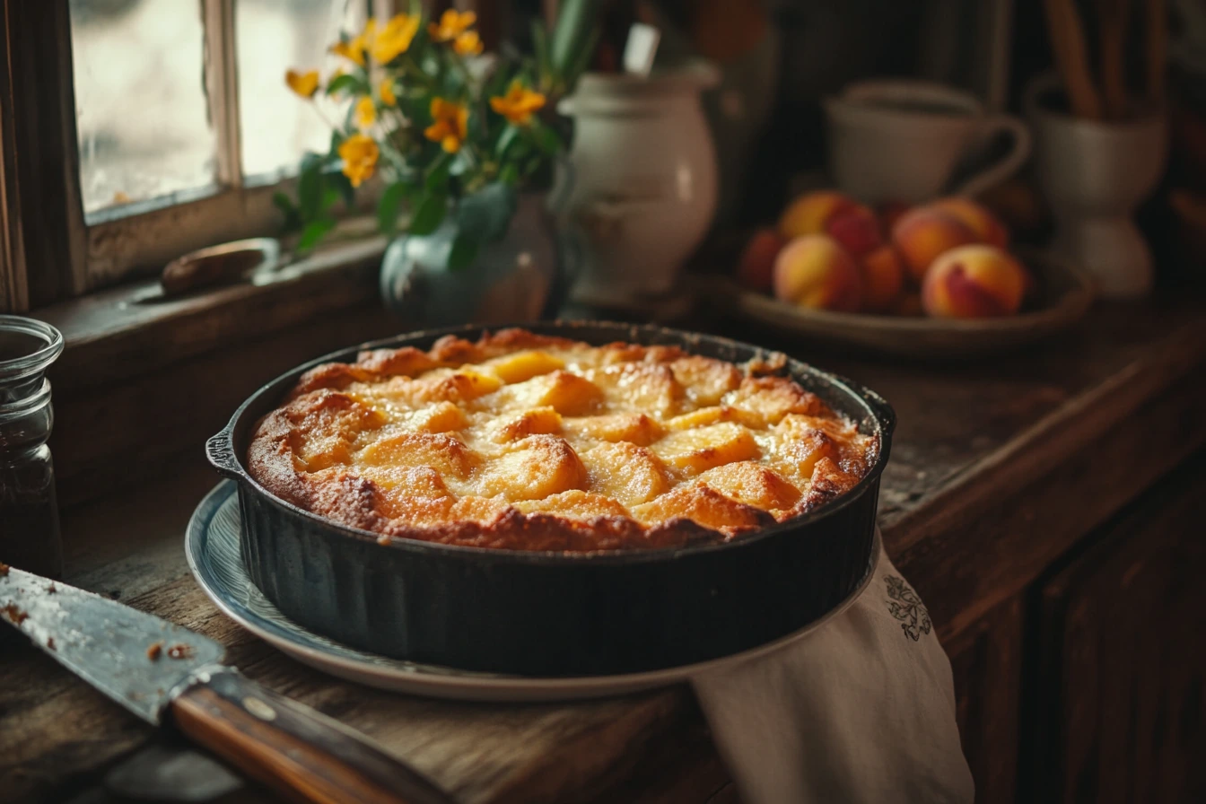 Peach cobbler with golden cake mix topping served in a rustic kitchen.