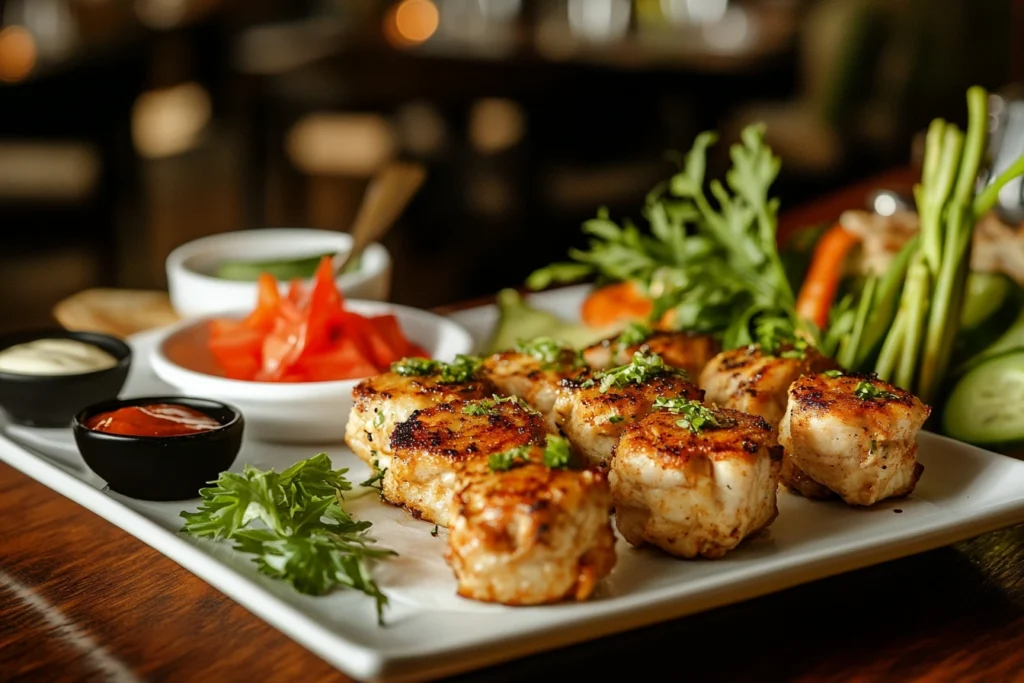 Plate of chicken minis with sauces and sides.