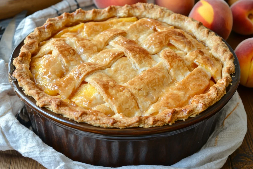 Golden-brown peach cobbler in a rustic baking dish with fresh peaches