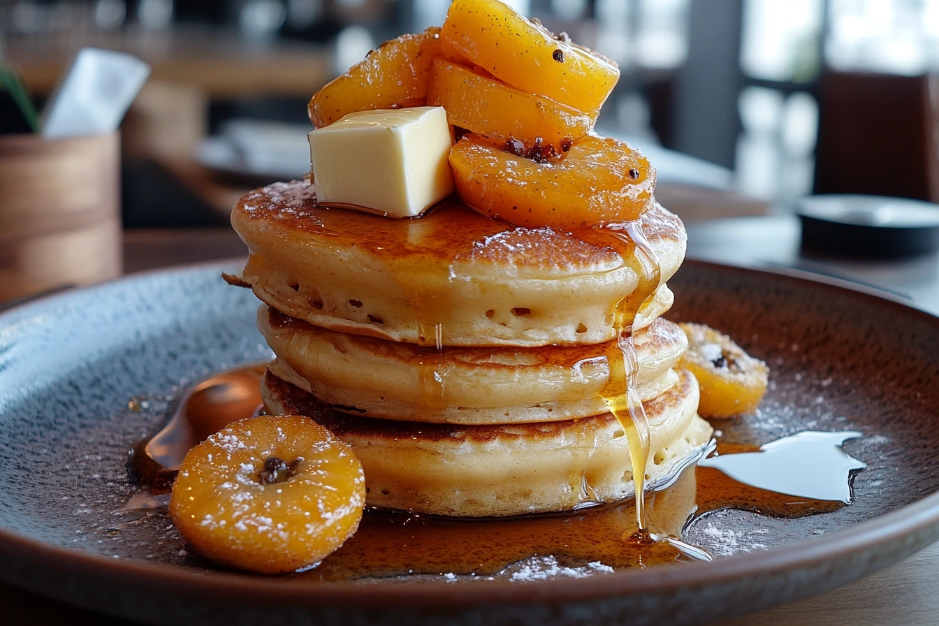 Golden hotcakes drizzled with syrup and topped with butter and fruits.