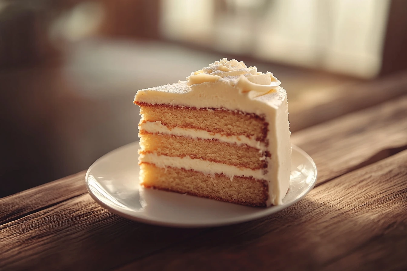 Moist and rich slice of cake made with sour cream on a wooden table.