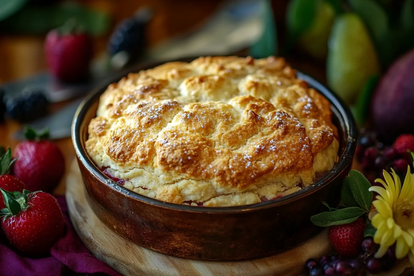 Golden biscuit-style cobbler crust in a rustic baking dish with fresh fruit