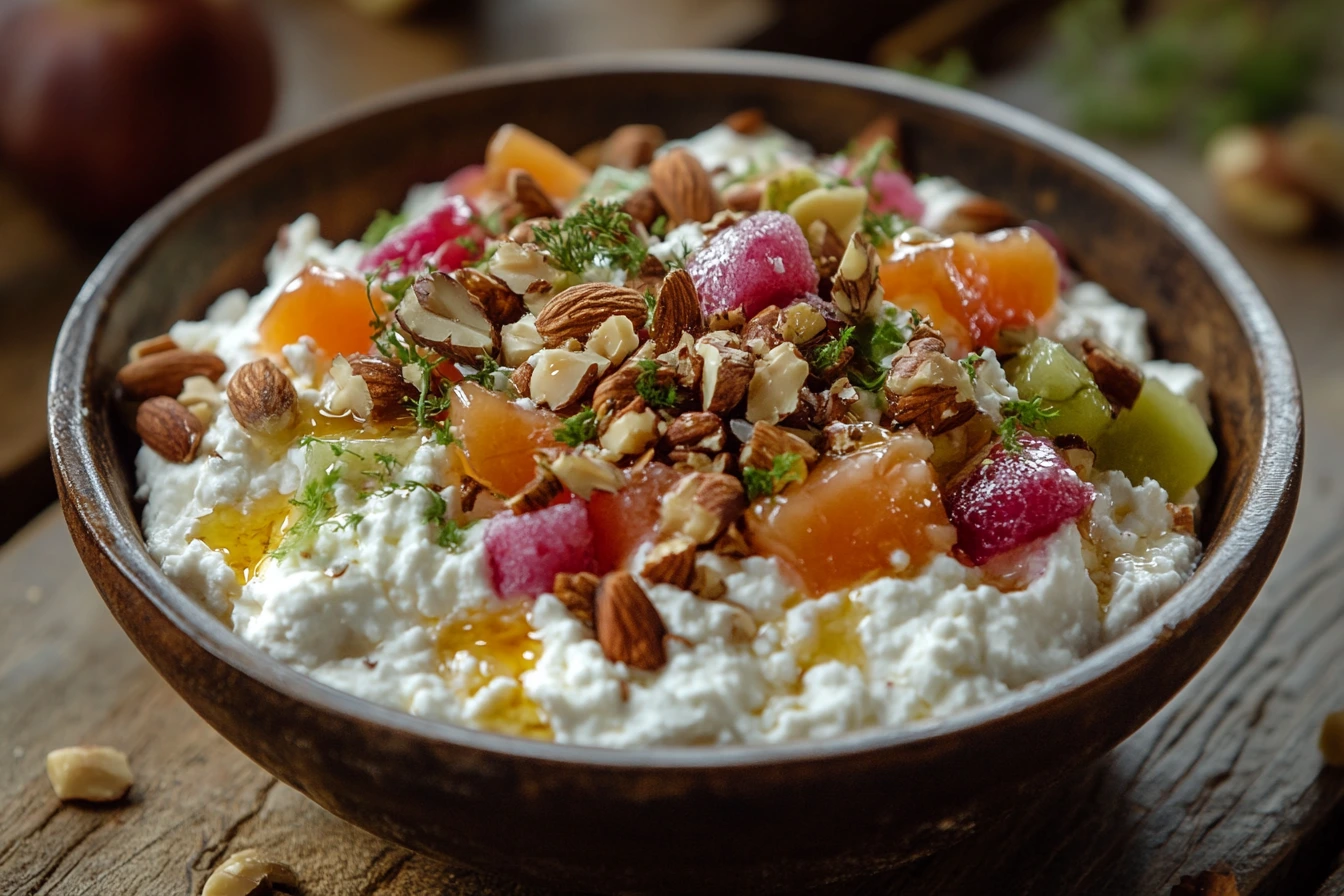 A delicious bowl of cottage cheese topped with mixed fruits, nuts, and honey, perfect for a healthy snack.