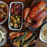 A whole rotisserie chicken served with various delicious side dishes.