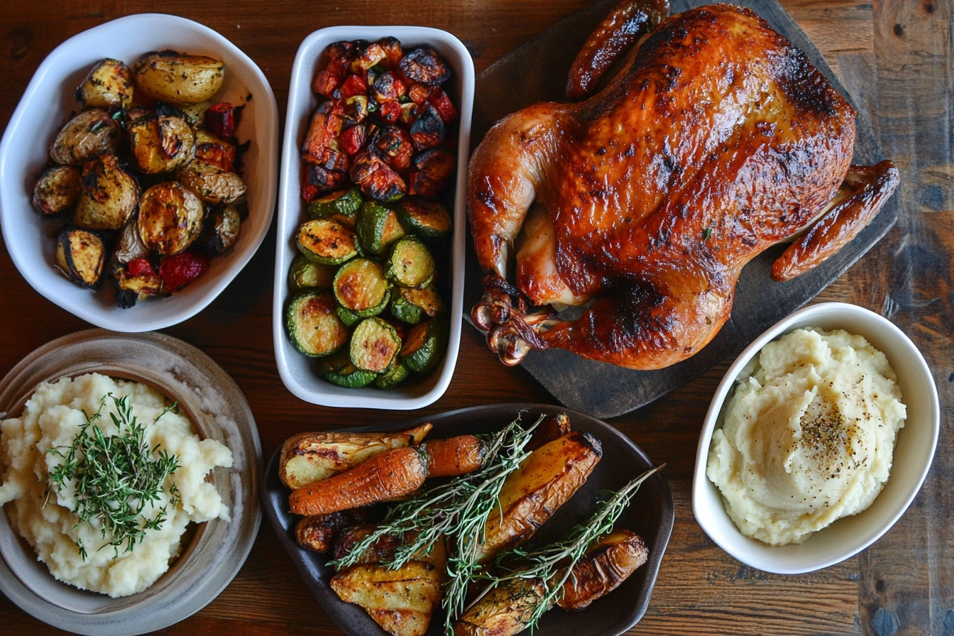 A whole rotisserie chicken served with various delicious side dishes.